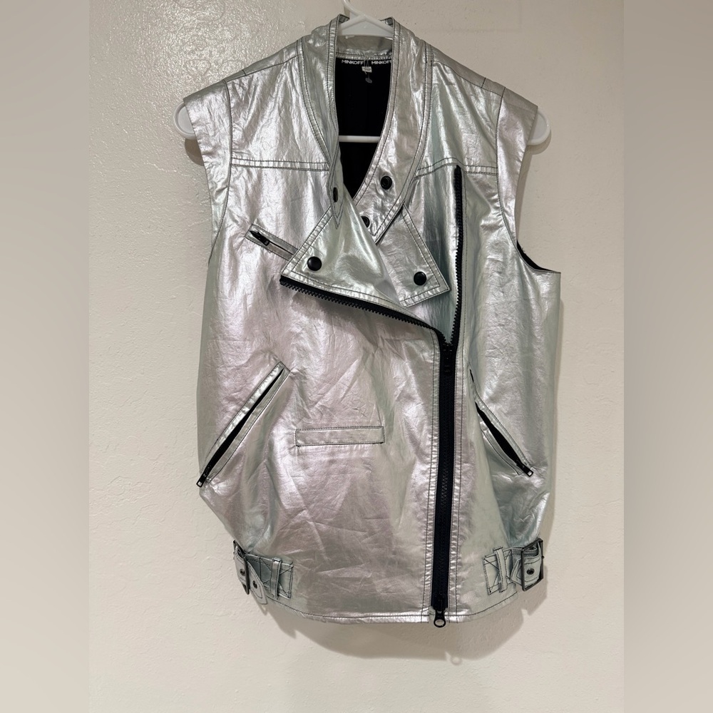 Rebecca Minkoff Silver Metallic Moto Biker Vest Size XS with Asymmetrical Zipper
